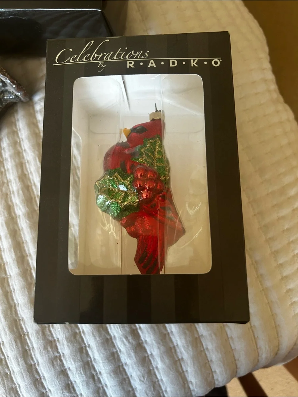 Christopher Radko Red Cardinal Glass Ornament with Green and Gold Accents